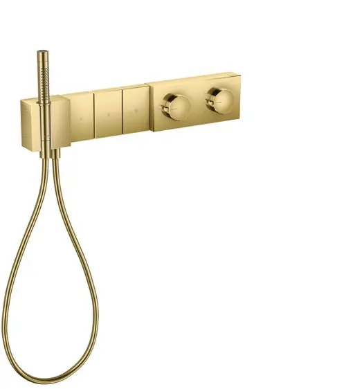 Thermostatmodul von AXOR in polierter Gold-Optik, mit zwei Bedienknöpfen und einer Handbrause, geeignet für die Unterputzmontage.